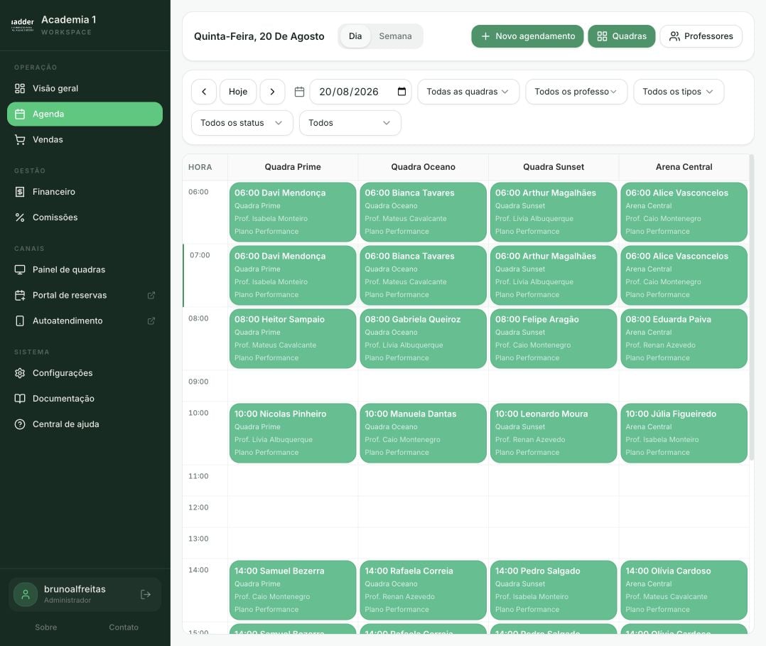 Agenda real do Quadder organizada por horário e quadra